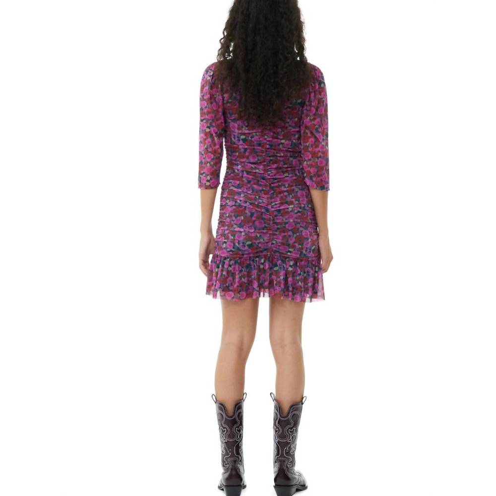 NEW GANNI floral mesh flounce ruched mini dress in fiji flower - Picture 2 of 4